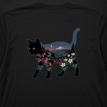 富士山と花咲く夜空 黒猫ロングスリーブTシャツ｜バックプリント