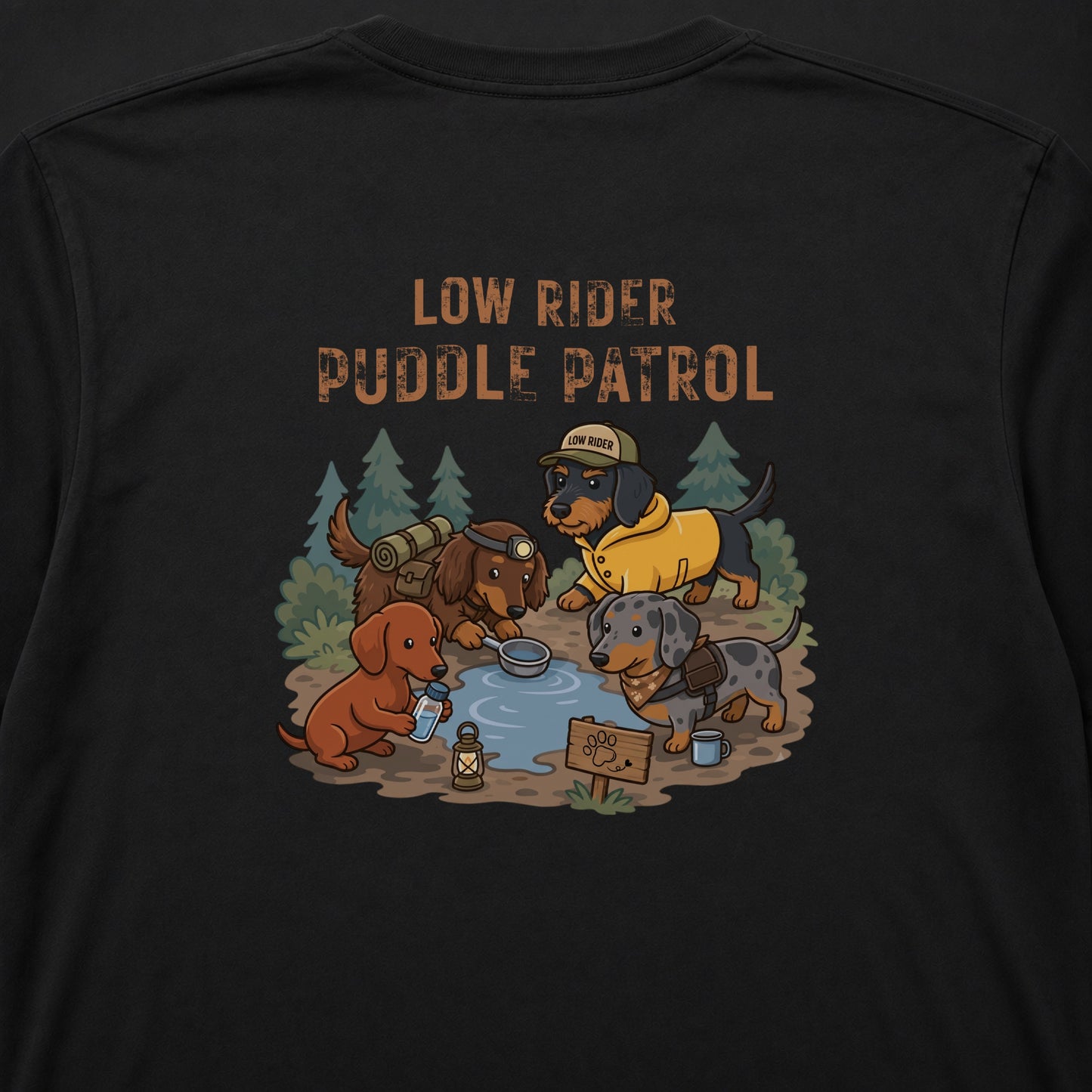 LOW RIDER PUDDLE PATROL ダックスフンド ロングスリーブTシャツ｜バックプリント