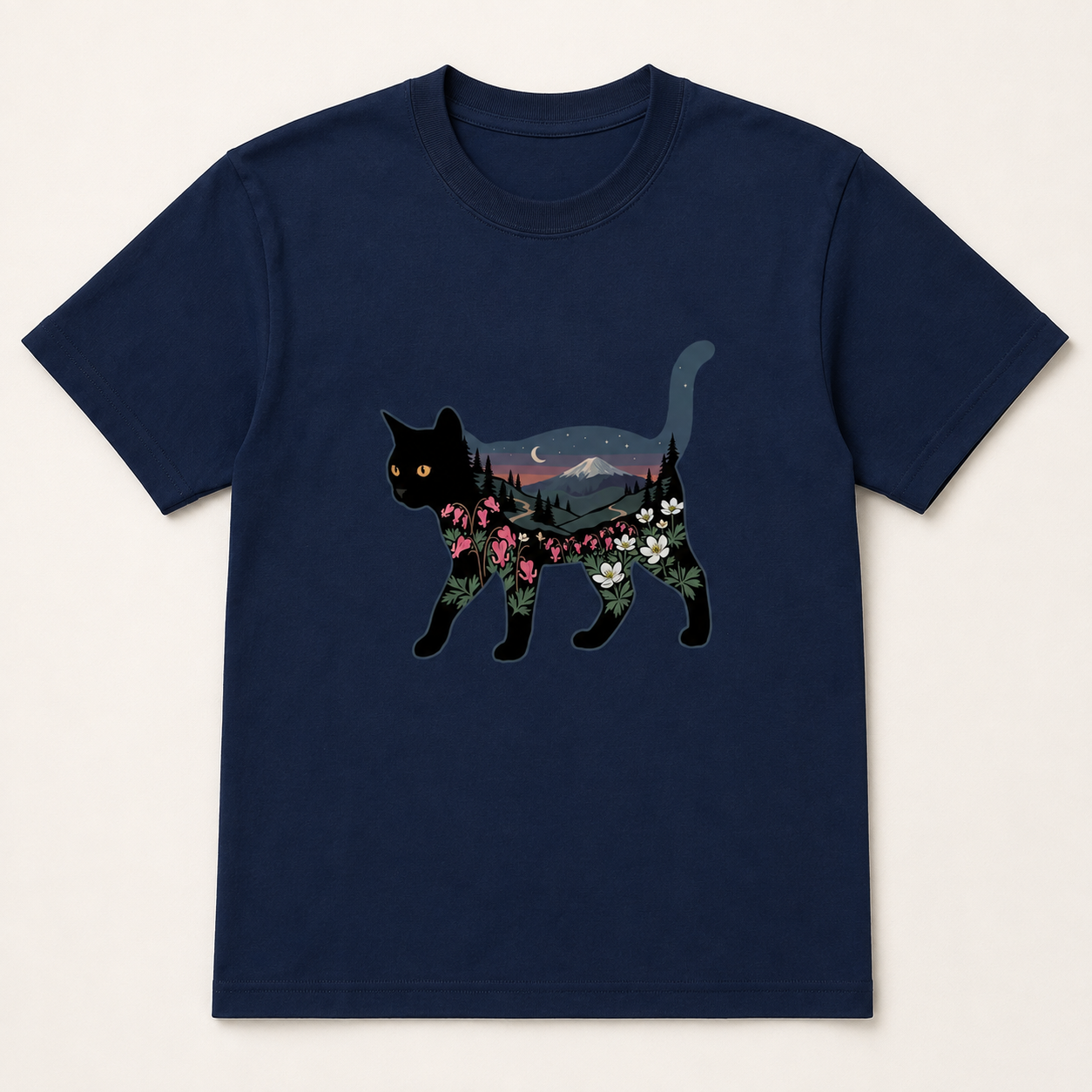 富士山と花咲く夜空 黒猫Tシャツ