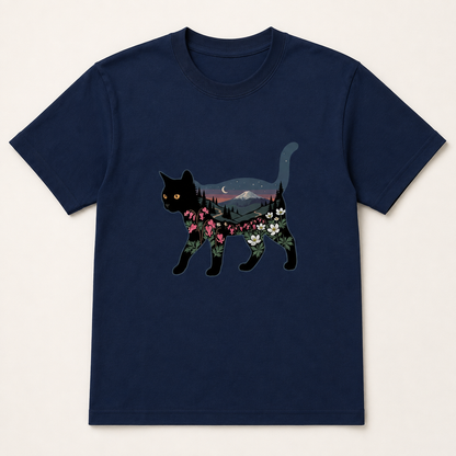 富士山と花咲く夜空 黒猫Tシャツ