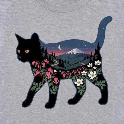 富士山と花咲く夜空 黒猫Tシャツ