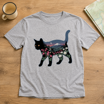 富士山と花咲く夜空 黒猫Tシャツ