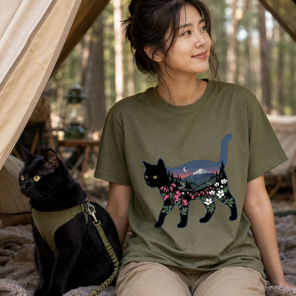 富士山と花咲く夜空 黒猫Tシャツ