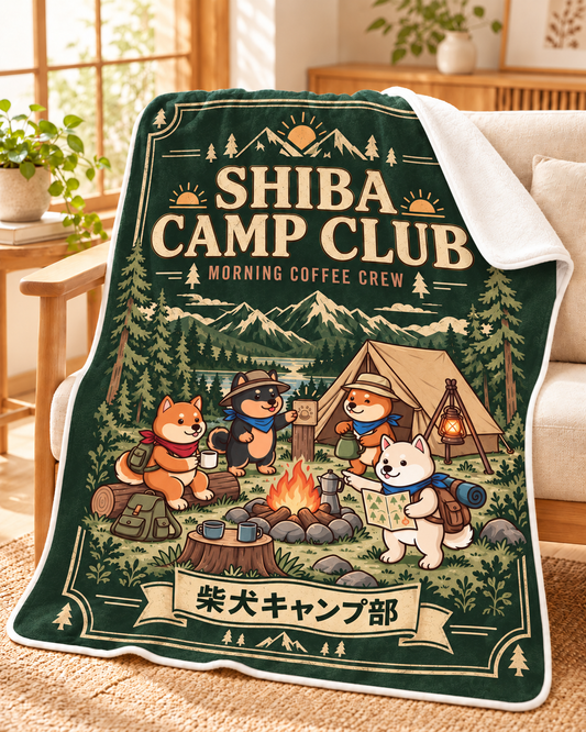 Shiba Camp Club V3 柴犬キャンプ部 森林 アウトドア ブランケット | モスグリーン