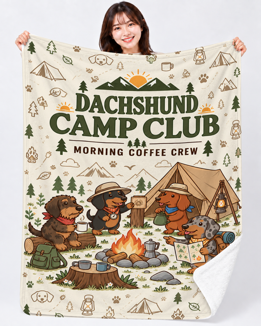 Dachshund Camp Morning ダックスフンドキャンプデザイン | ブランケット | 片面プリント