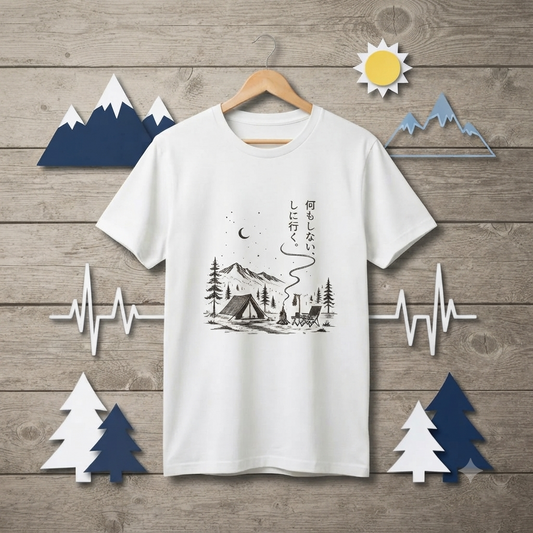 【縦書き・何もしないをしに行く。】キャンプ焚き火黒Tシャツ | CAMPMODE