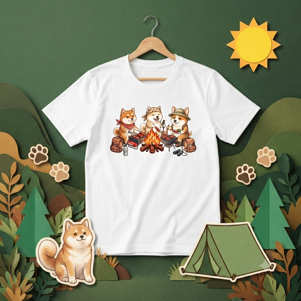 【柴犬・キャンプ＆BBQ】おしゃれな白Tシャツ | CAMPMODE
