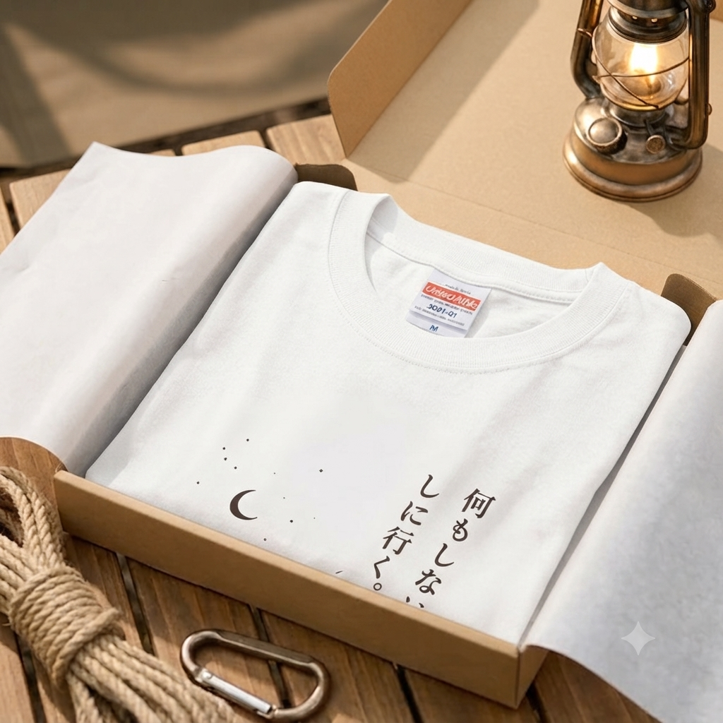 【縦書き・何もしないをしに行く。】キャンプ焚き火黒Tシャツ | CAMPMODE
