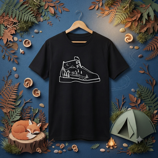 【登山靴・星空と山】ハイキング風景 黒Tシャツ | CAMPMODE