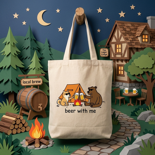 「beer with me」柴犬と熊のキャンプ・アウトドア用トートバッグ | CAMPMODE