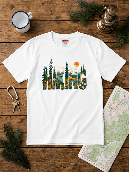 ヴィンテージ風 「HIKING」 文字 Tシャツ - レトロ 山脈 野花 イラスト グラフィックTシャツ 登山 服