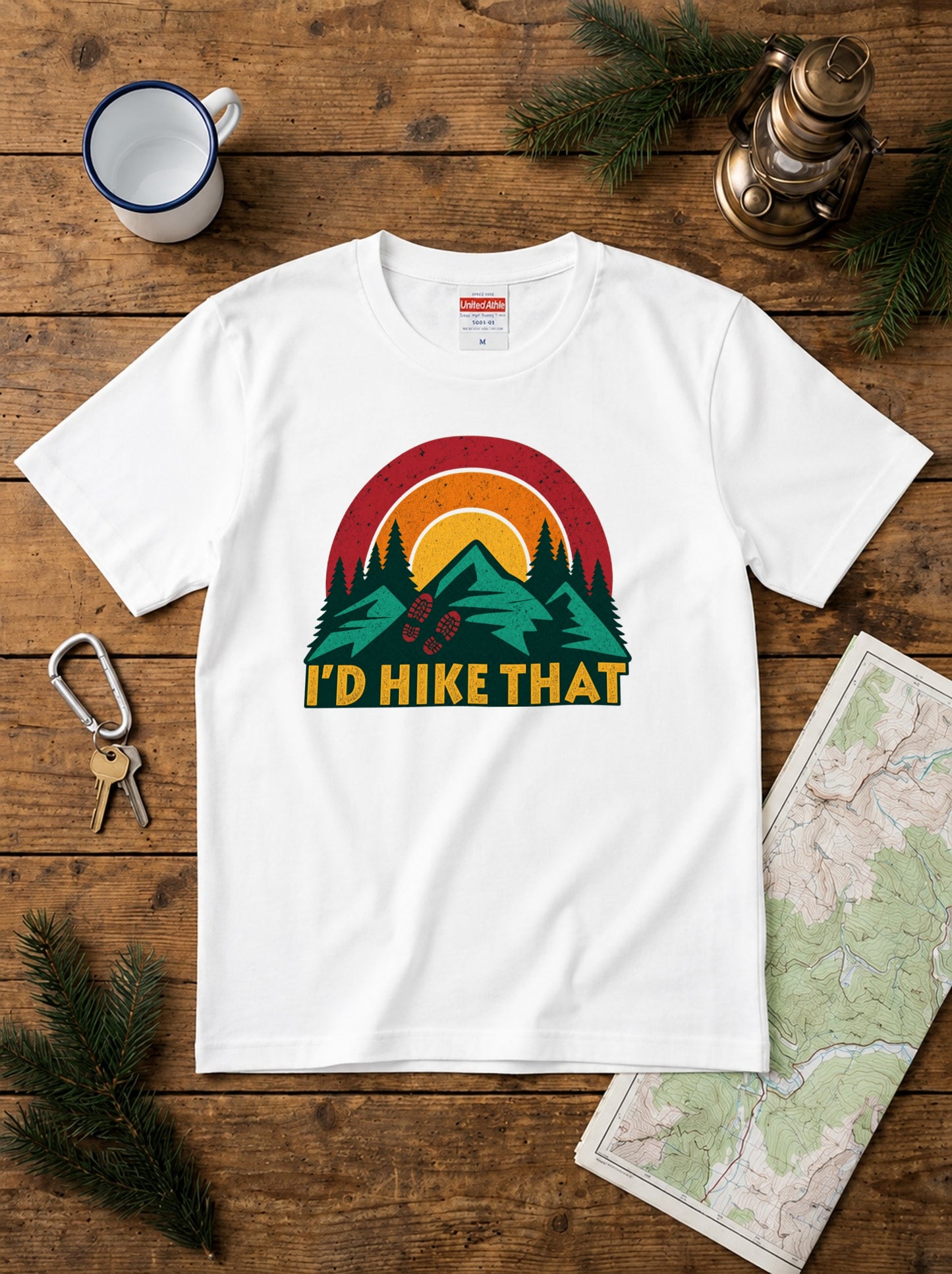 「I'd hike that」ハイキング Tシャツ - レトロ サンセット（夕日）グラフィックTシャツ 登山 キャンプ 服