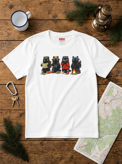 黒猫 キャンプ Tシャツ - 焚き火 猫 イラスト | かわいい 猫 ウェア