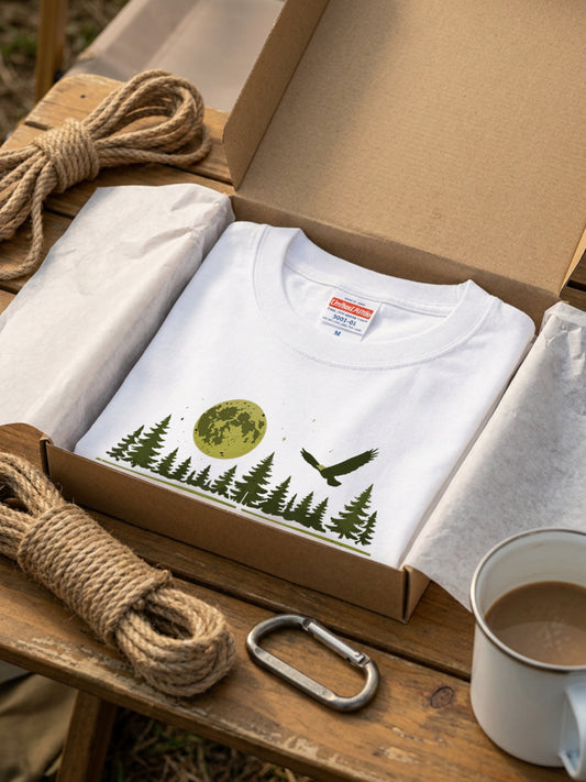 【Wildlife Forest Animals】月夜の森と野生動物 アート層グラフィック 白Tシャツ | CAMPMODE