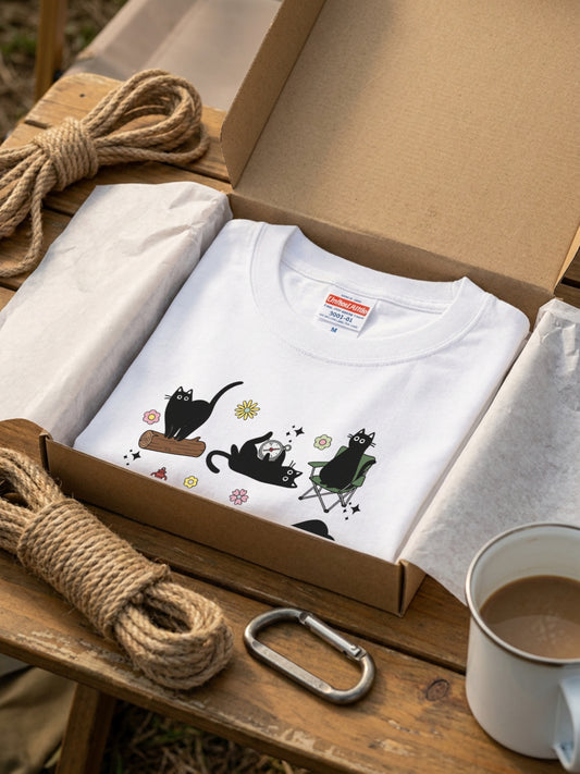 【黒猫ソロキャンプ】焚き火＆探検 猫イラスト かわいいアウトドア白Tシャツ | CAMPMODE