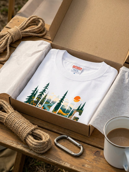 ヴィンテージ風 「HIKING」 文字 Tシャツ - レトロ 山脈 野花 イラスト グラフィックTシャツ 登山 服