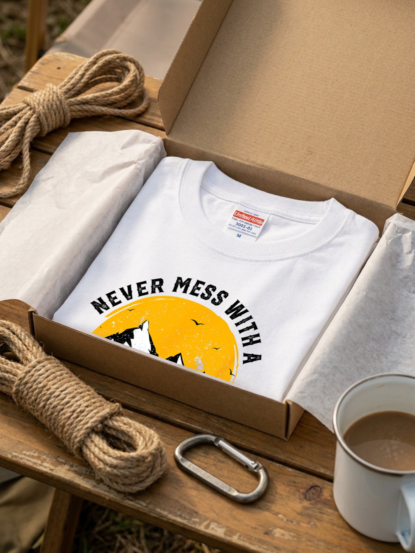 【Never Mess With A Hiker】ブラックユーモア名言＆山脈 白Tシャツ | CAMPMODE