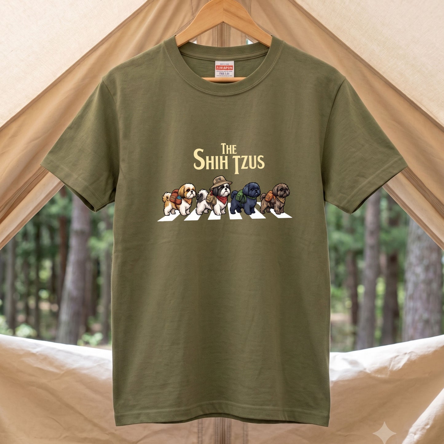 THE SHIH TZUS | 横断歩道 ゆるかわ プードル キャンプ パロディTシャツ【犬好き・愛犬家・アウトドア・ギフトに最適】
