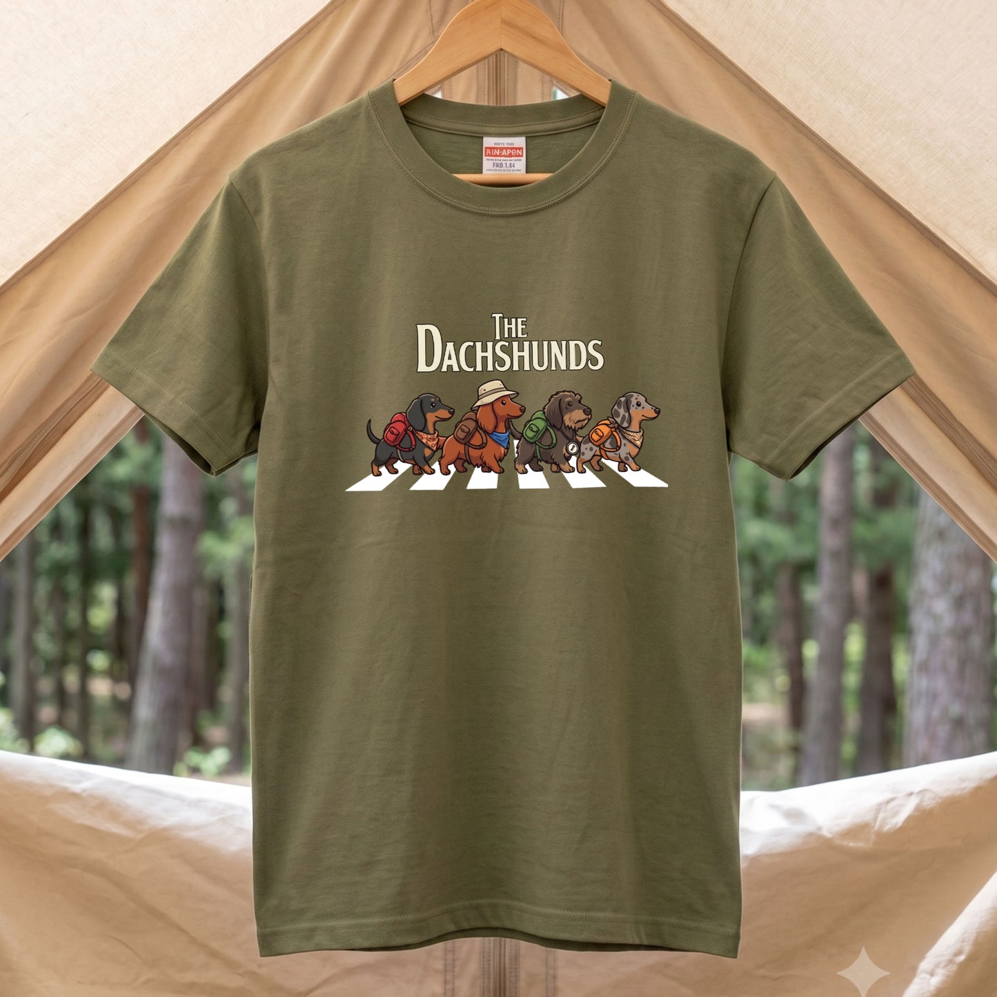 THE DACHSHUNDS | 横断歩道 ゆるかわ ダックスフンド キャンプ パロディTシャツ【犬好き・愛犬家・アウトドア・ギフトに最適】