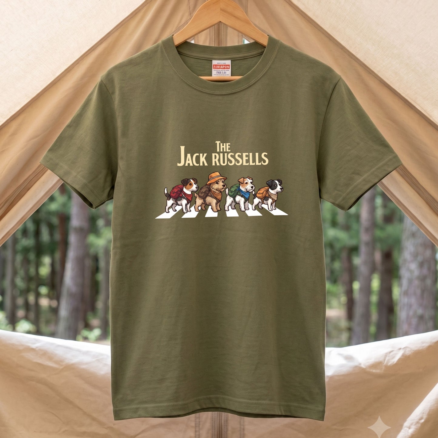 THE JACK RUSSELLS | 横断歩道 ゆるかわ プードル キャンプ パロディTシャツ【犬好き・愛犬家・アウトドア・ギフトに最適】