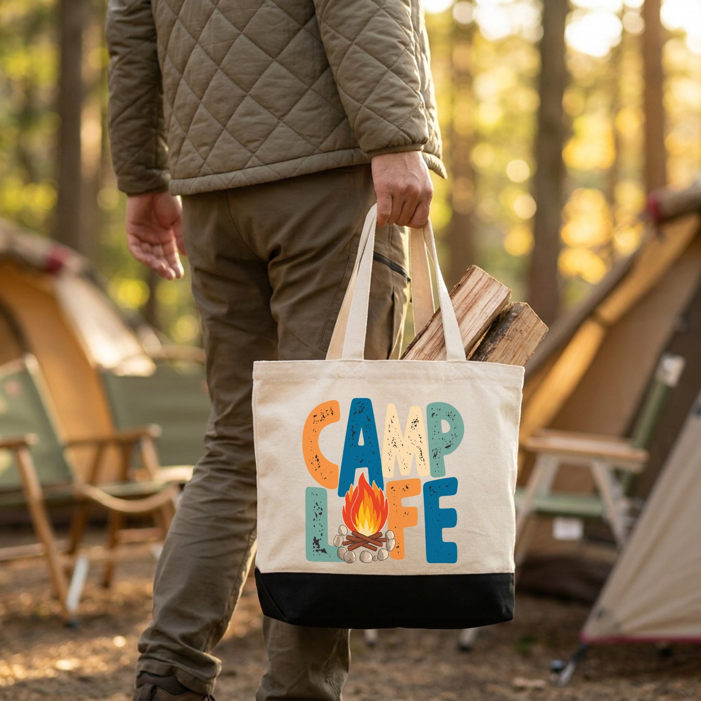 「CAMP LIFE」焚き火 キャンバストートバッグ - キャンプ ギアバッグ | CAMPMODE