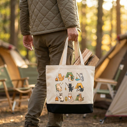 「Camping Cats Icons」バイカラー キャンバストート - アウトドア 猫柄 | CAMPMODE