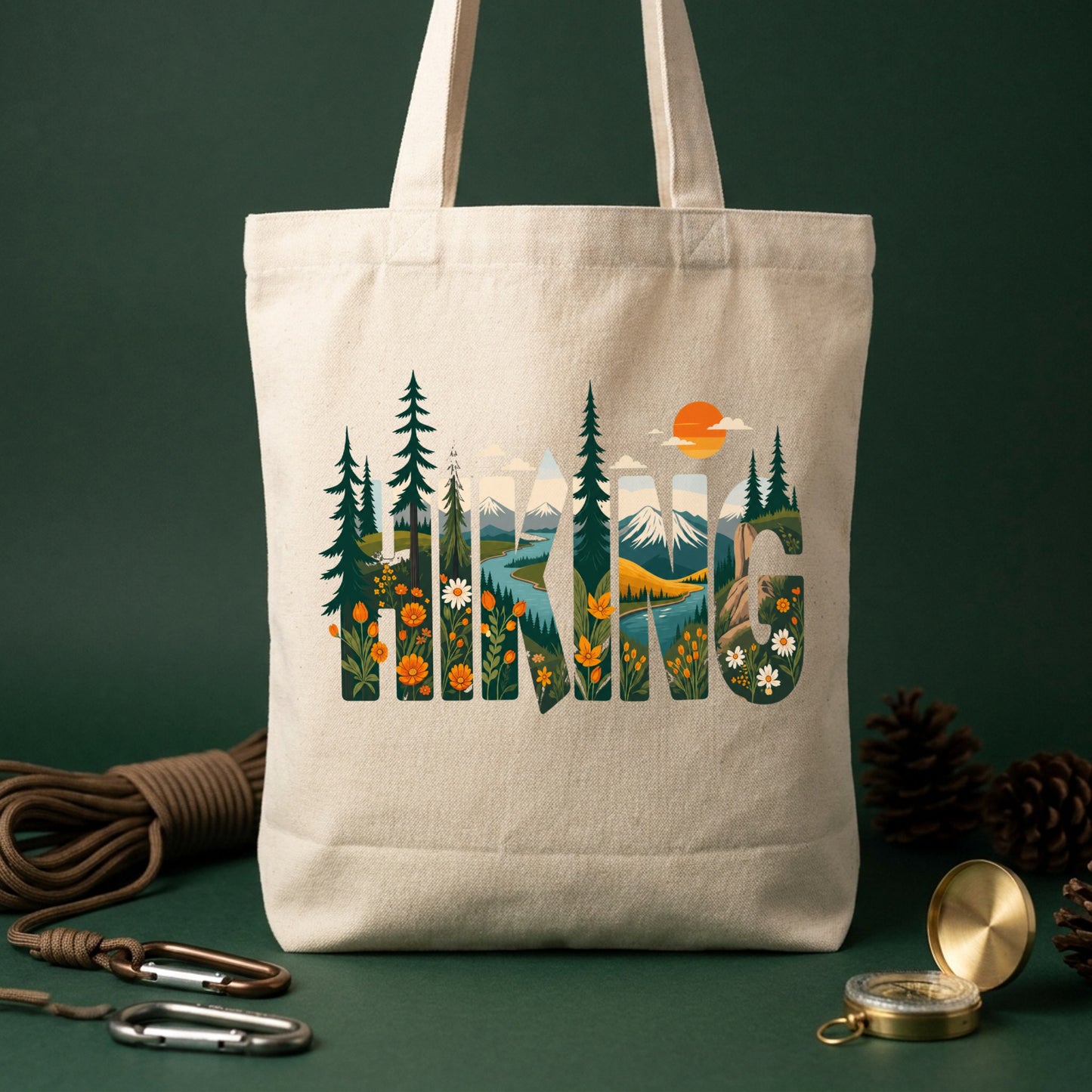 「HIKING」自然風景タイポグラフィ キャンバストートバッグ | CAMPMODE