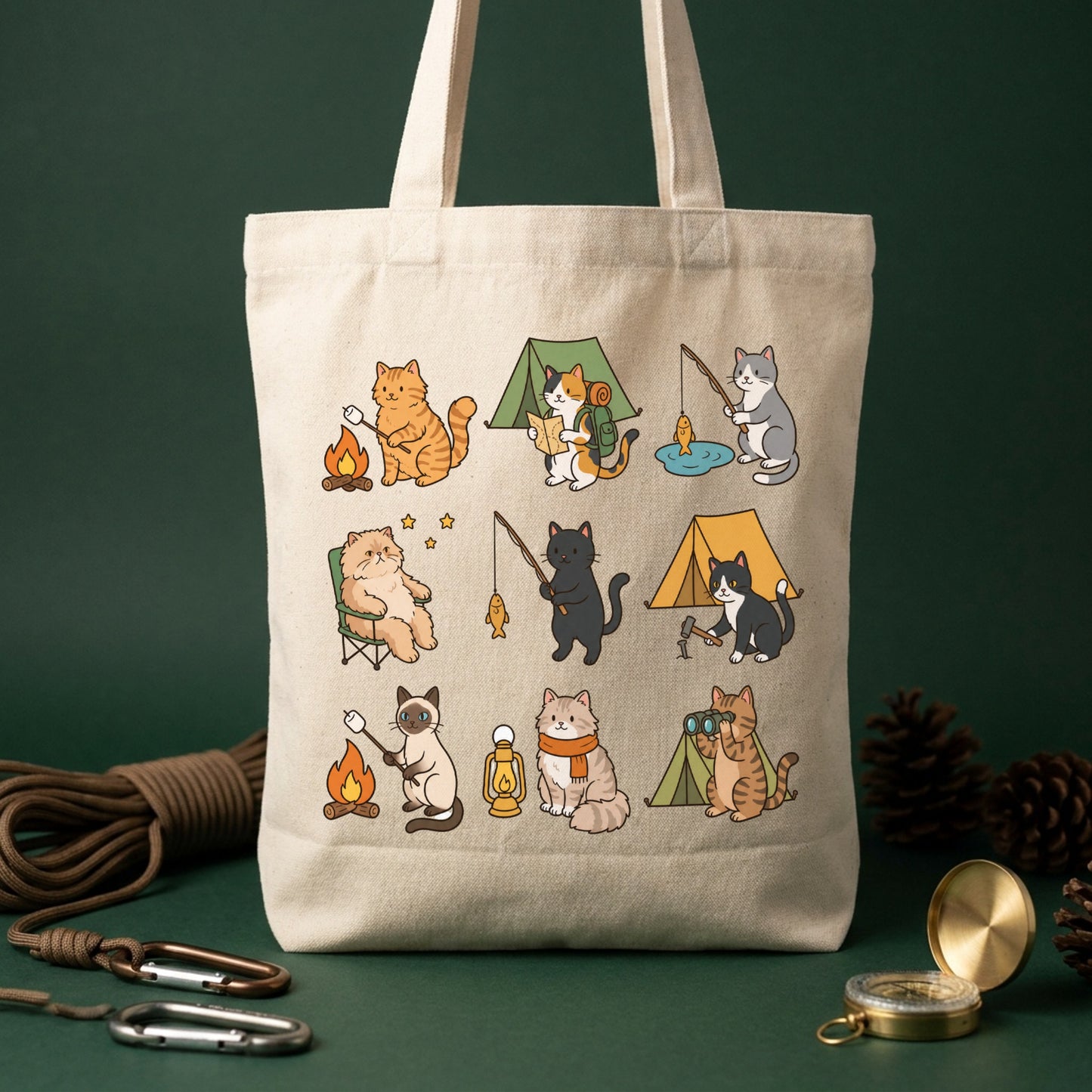 「Camping Cats Icons」バイカラー キャンバストート - アウトドア 猫柄 | CAMPMODE