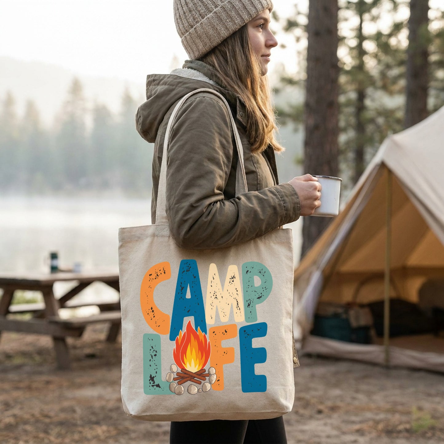 「CAMP LIFE」焚き火 キャンバストートバッグ - キャンプ ギアバッグ | CAMPMODE