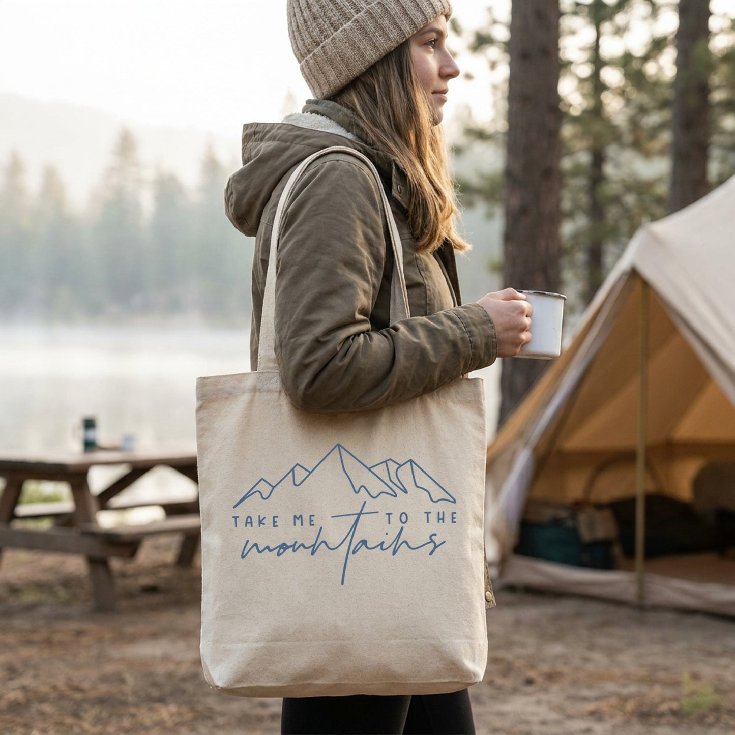 「TAKE ME TO THE mountains」ラインアート山脈 キャンバストートバッグ | CAMPMODE