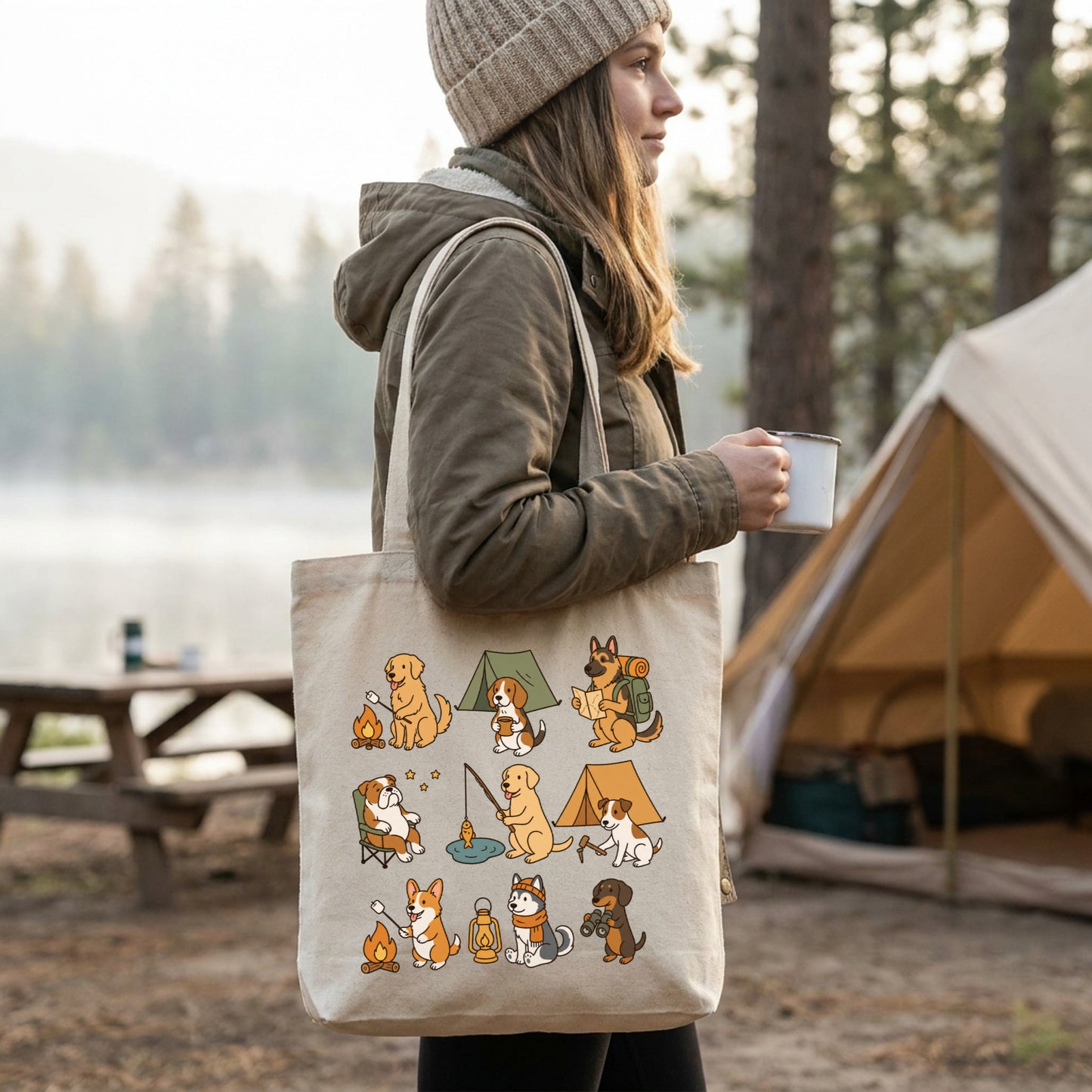 「キャンプ犬アイコン」9つのアクティビティ キャンバストートバッグ | CAMPMODE