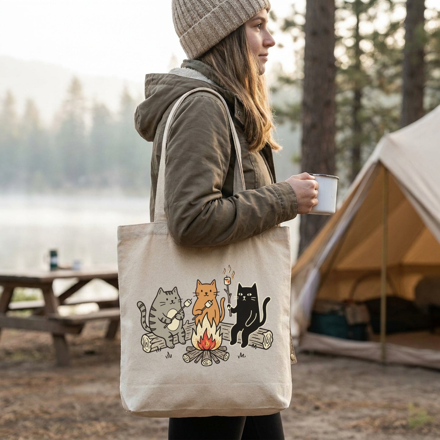 「Camping Cats」バイカラー キャンバストート - 猫柄 かわいい トート | CAMPMODE