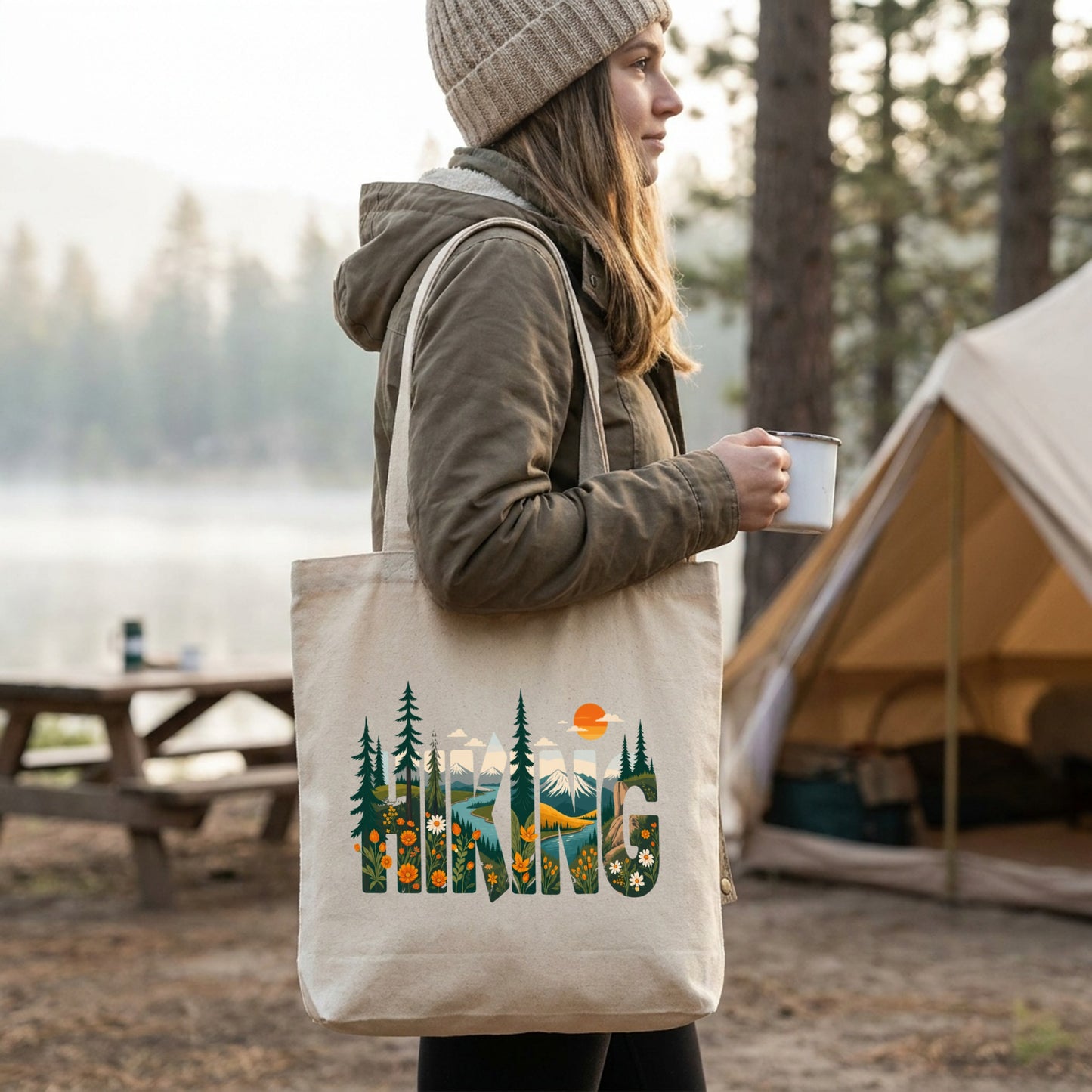 「HIKING」自然風景タイポグラフィ キャンバストートバッグ | CAMPMODE