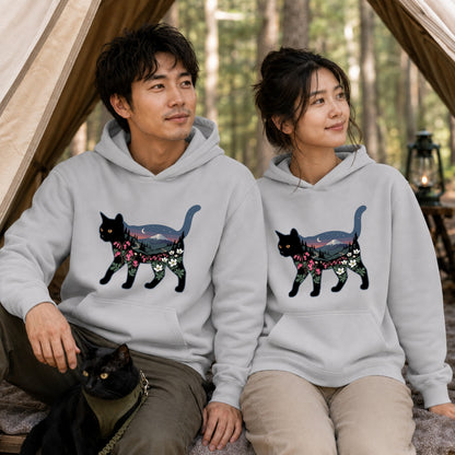 富士山と花咲く夜空 黒猫パーカー