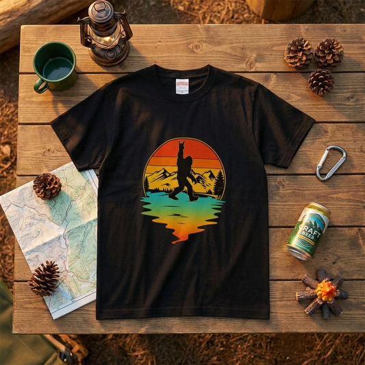 ビッグフットTシャツ｜ロックンロールTシャツ｜ビッグフットと夕日｜キャンプTシャツ