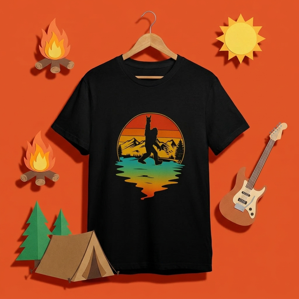 ビッグフットTシャツ｜ロックンロールTシャツ｜ビッグフットと夕日｜キャンプTシャツ