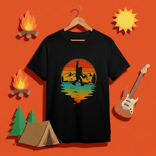 ビッグフットTシャツ｜ロックンロールTシャツ｜ビッグフットと夕日｜キャンプTシャツ