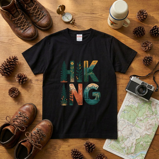 ヴィンテージ風 「HIKING」 文字ロゴ Tシャツ - レトロ マウンテン 風景 グラフィックTシャツ アウトドア 登山