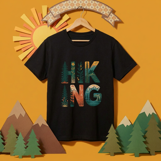 ヴィンテージ風 「HIKING」 文字ロゴ Tシャツ - レトロ マウンテン 風景 グラフィックTシャツ アウトドア 登山