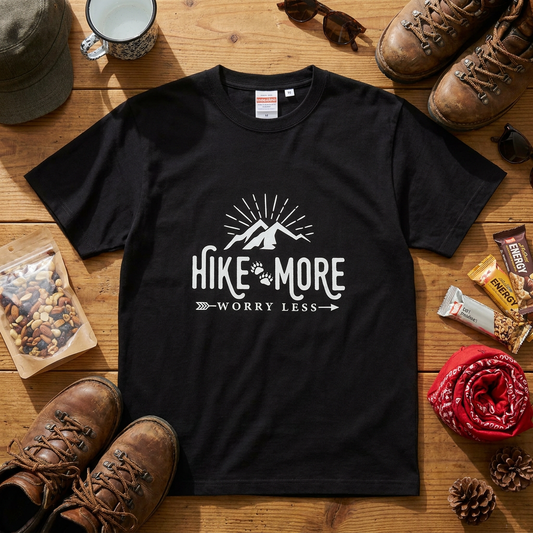 ヴィンテージ風 ハイキング & キャンプ Tシャツ - 「Hike more worry less」ユニセックス 半袖Tシャツ