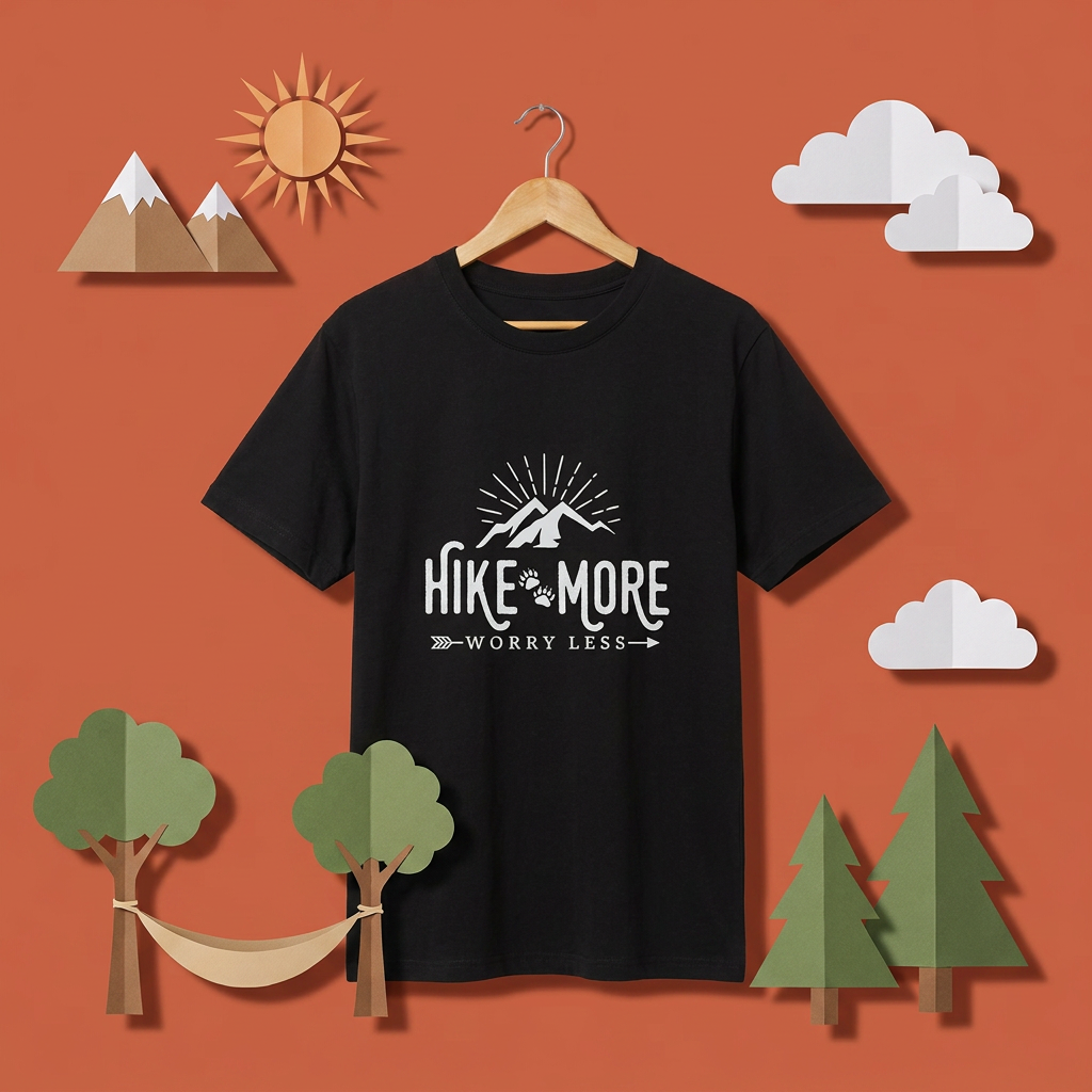 ヴィンテージ風 ハイキング & キャンプ Tシャツ - 「Hike more worry less」ユニセックス 半袖Tシャツ