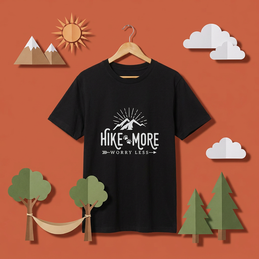 ヴィンテージ風 ハイキング & キャンプ Tシャツ - 「Hike more worry less」ユニセックス 半袖Tシャツ