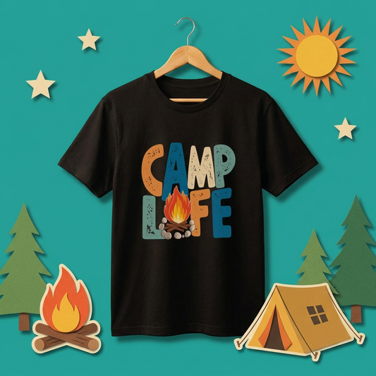 レトロ 「CAMP LIFE」 キャンプ Tシャツ - ヴィンテージ風 70年代 焚き火 グラフィックTシャツ アウトドア 服