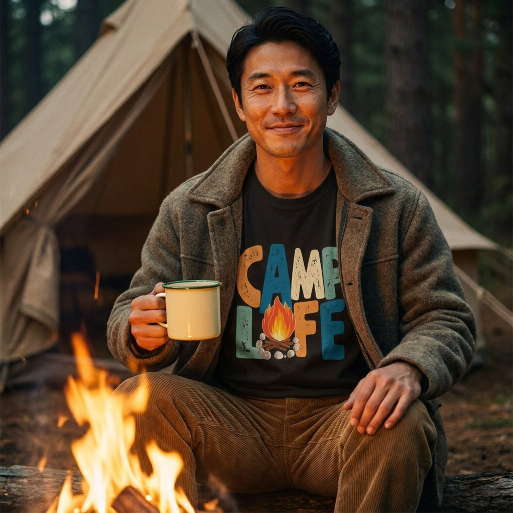 レトロ 「CAMP LIFE」 キャンプ Tシャツ - ヴィンテージ風 70年代 焚き火 グラフィックTシャツ アウトドア 服