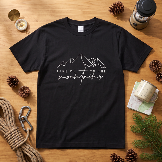 「Take me to the mountains」山 Tシャツ - ミニマル ラインアート 登山 ハイキング アウトドア キャンプ 服