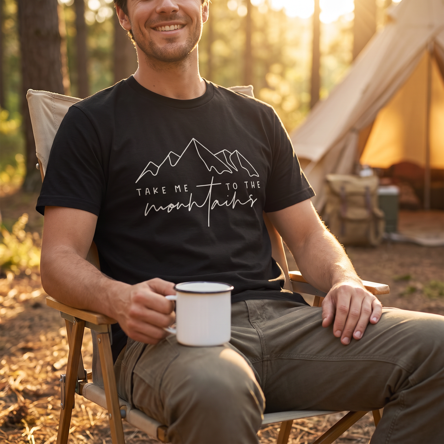 「Take me to the mountains」山 Tシャツ - ミニマル ラインアート 登山 ハイキング アウトドア キャンプ 服