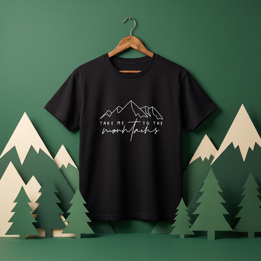 「Take me to the mountains」山 Tシャツ - ミニマル ラインアート 登山 ハイキング アウトドア キャンプ 服