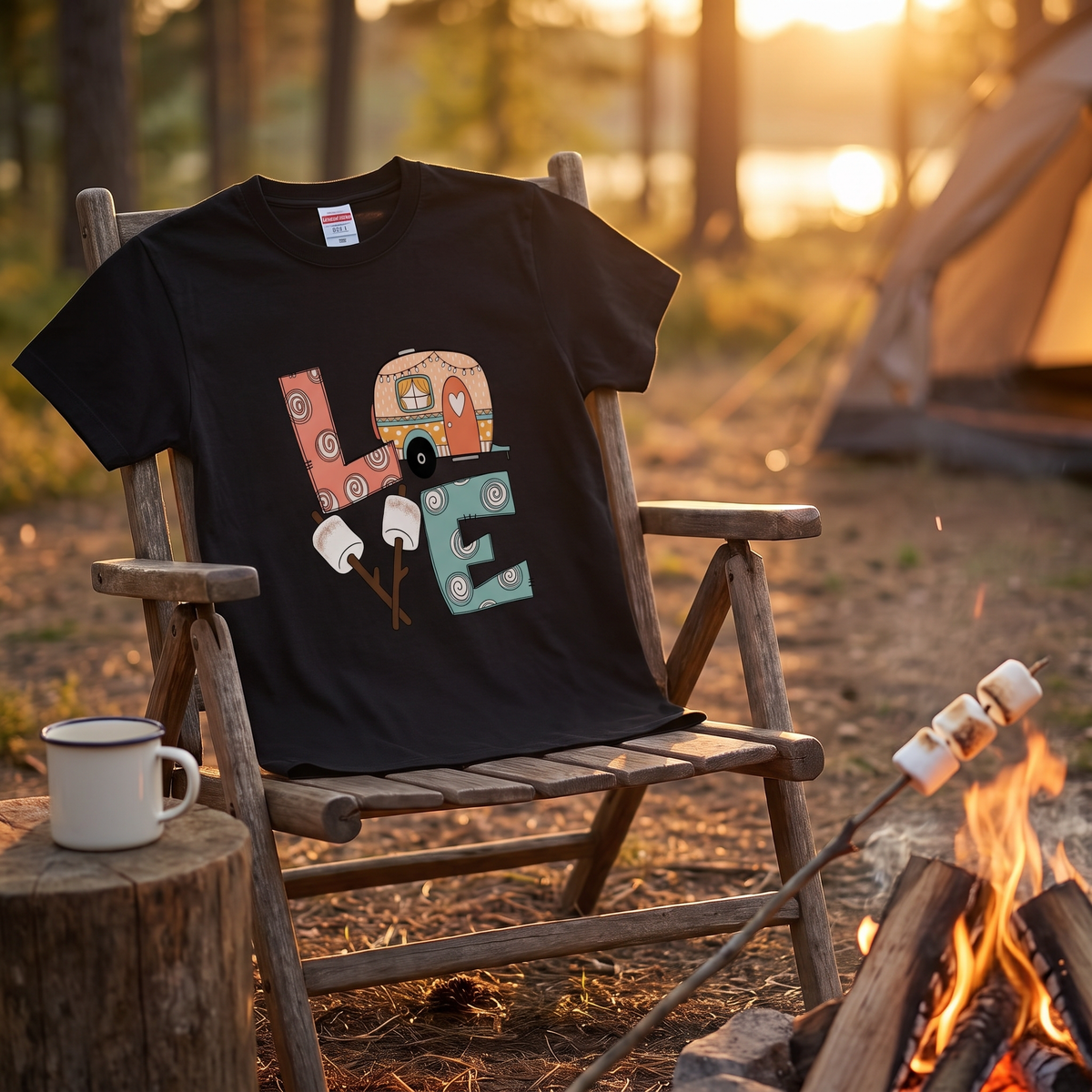「LOVE」 キャンピング Tシャツ - かわいい レトロ キャンピングカー マシュマロ イラスト キャンプ 服
