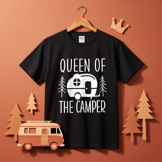 「Queen of the Camper」 Tシャツ - 女性用 レトロ キャンピングカー 森林 イラスト アウトドア 服
