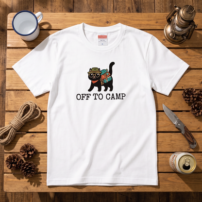 リュック猫「OFF TO CAMP」Tシャツ | かわいい 猫好き キャンプ ウェア